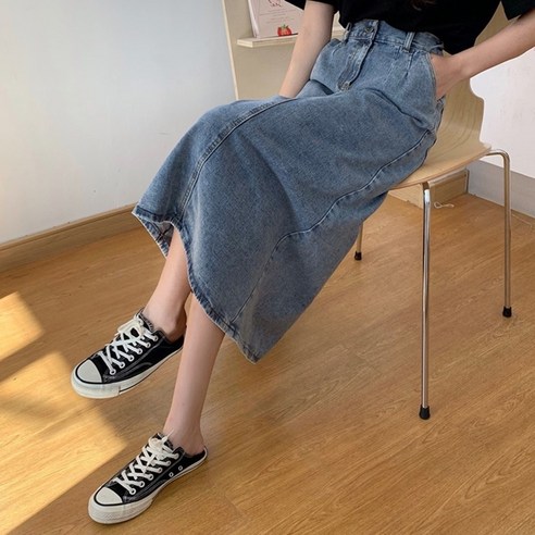 [쿠팡] 날씬한 핏 뒷트임 롱 데님 스커트 청치마 생지 진청 캐주얼