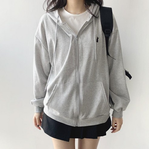 [국내제작] 데이지클로젯 토끼 자수 오버핏 후드집업 / 봄 가을 간절기 여름 아방핏 학생 교복템 얇은 후드티 기본템 아우터 빅사이즈 남녀공용 레터링 하이틴 귀여운 긴팔 티셔츠