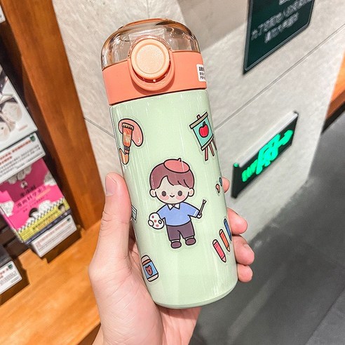 귀여운 캐릭터 DIY 탄개 텀블러 여성 고안치 빨대 컵 가정용 사무용 개성 학생 물컵, 초록색, 330ML