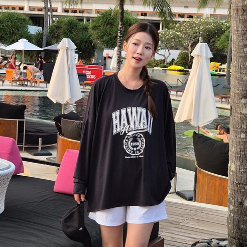 여성용 루즈핏 래쉬가드 비치웨어 오버핏래시가드 체형커버 휴양지 바캉스룩 빅사이즈, 04 하와이언