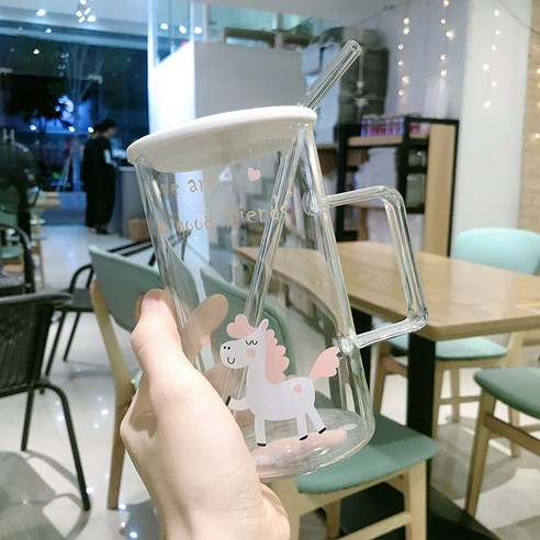 DFMEI 캐릭터 대용량 유리잔 뚜껑 스푼 남녀 아침 우유 시리얼 오피스 홈컵, DFMEI 조랑말 ''도자기 뚜껑+빨대''