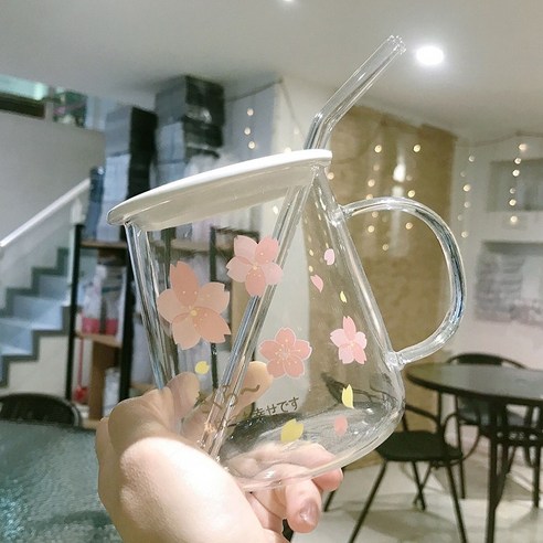 DFMEI 일본식 사쿠라 내고온 대용량 유리띠뚜껑 빨대 여학생 가정용 아침 우유컵 손잡이, DFMEI 사쿠라 B 형 [도자기 커버 + 밀짚]