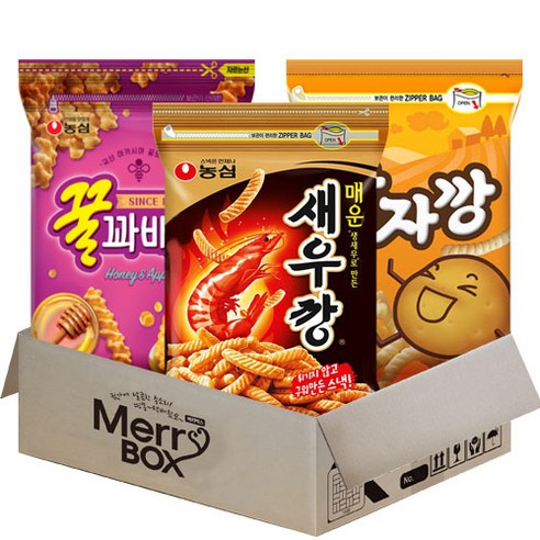 메리박스 농심 대용량 지퍼 스낵세트 3종 매운새우깡+꿀꽈배기+감자깡, 1세트