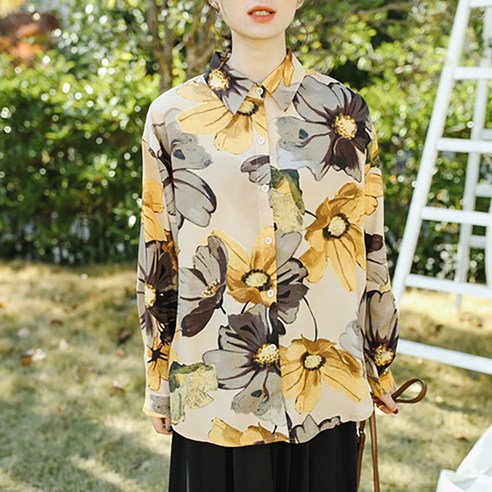 여성 긴 소매 셔츠 한국어 스타일 느슨한 캐주얼 꽃 인쇄 셔츠 쉬폰 셔츠