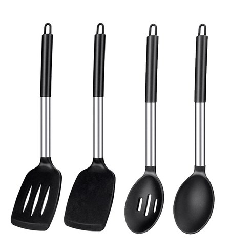 Deoxygene 4 pcs 실리콘 요리 스푼 슬롯 형 터너 주걱 스테인레스 스틸 핸들 붙지 않는 조리기구 블랙 & 실버, 1개