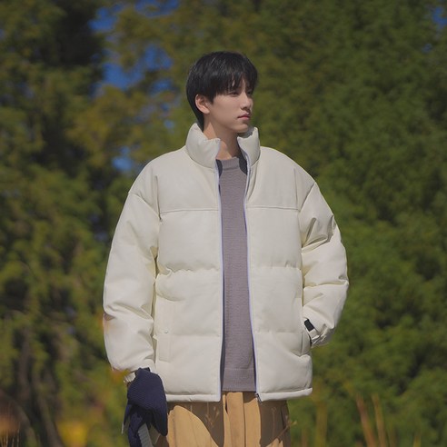 ANYOU 남자 패딩 남여공용 커플룩 패딩 데일리 겨울 아우터 PU 가죽 하이넥 잠바 경량패딩