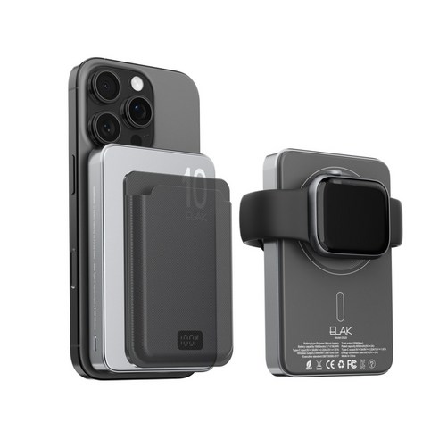 엘락 3in1 초슬림 초경량 무선 자석 맥세이프 고속 충전 5000mAh 보조배터리 에어팟충전 애플워치충전, 10,000mAh / 스페이스그레이