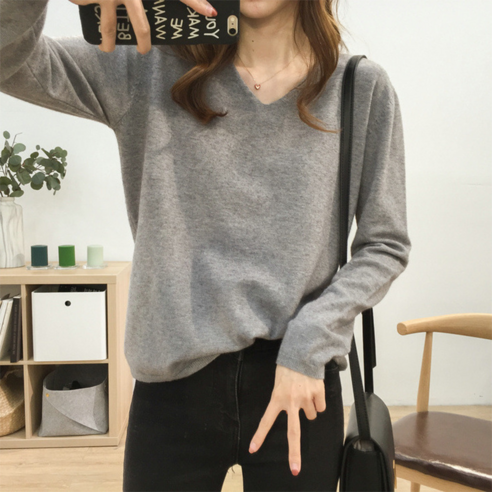 SAHINER 여성 무지 브이넥 긴팔 티셔츠 기본 니트티 DDS01