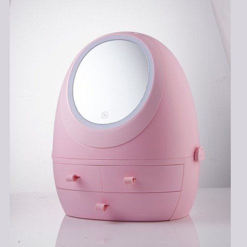 망홍 화장품 수납함 LED 거울 수납함 다목적 가정용 데스크톱 화장대 수납함, 달걀형 핑크 LED
