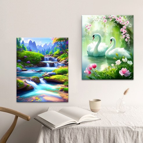 파센 2P 액자 보석십자수 캔버스형 DIY 키트 40 x 50 cm, FN134.시냇물과 백조, 1세트