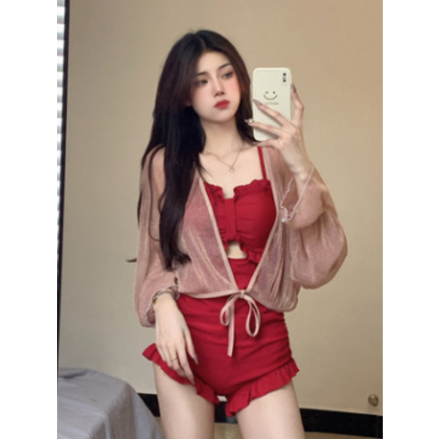 DFMEI 판매 원피스 나무 귀 수영복 배꼽 커버 슬리밍 보수적 인 원피스 복서 수영복, DFMEI 카디건 [오렌지]