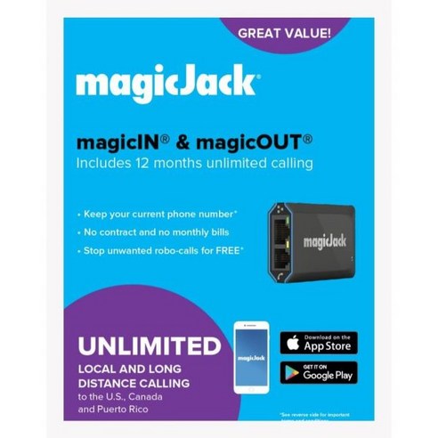 MagicJack 2024 VOIP Phone 어댑터 휴대용 홈 및 이동 중 디지털 서비스. 미국과 캐나다로 무제한 통화. 월간 청구서 없음 | 마법을 특징으로 함IN™ 매직O 전화기/무전기