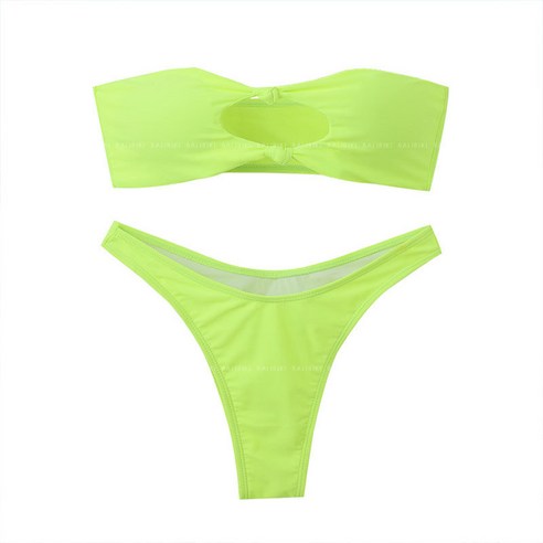DFMEI 새로운 분할 수영복 단색 포장 가슴 높은 허리 분할 수영복 여성 여름, DFMEI 형광녹색