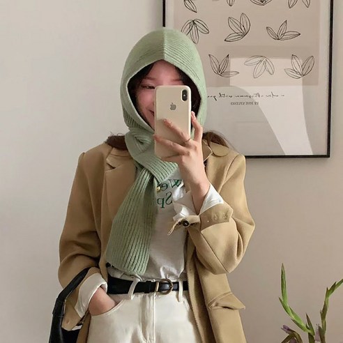 떨샵 바라클라바 목도리 바라클라바 후드 넥워머 모자 목도리 귀마개 새로운 스타일 balaclava 여성 겨울 스카프 올인원 목 보호 방풍 따뜻한 니트 모직 모자 2피스 세트, 민트