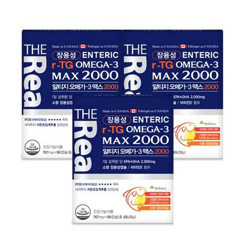 더리얼 장용성 소형캡슐 알티지rtg 초임계 오메가3 맥스2000 DHA와EPA 2000mg 고함량 장용성캡슐, 3개
