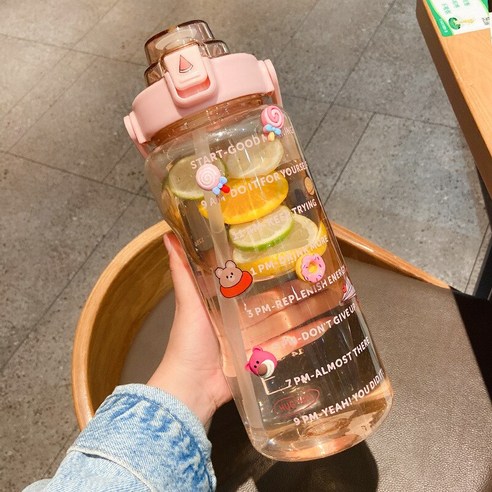 [SW] 2L 대용량 물병 밀짚 컵 고온 플라스틱 물 컵 시간 규모 서리로 덥은 야외 스포츠 커플 컵, 색깔17, 2L   64OZ