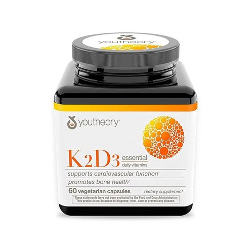 Youtheory K2 및 D3 칼슘 흡수 뼈 강도 심혈관 지원을 위한 일일 비타민 보충제 채식주의자 캡슐 60개