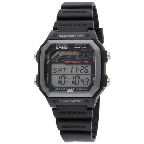 Casio WS1600H 시리즈 | 남성용 시계 스포츠 디자인 스톱워치 카운트다운 타이머 잔광 LED 조명 100M WR 일일 알람 자동 캘린더 세계 시간 배터리 10년 블랙.