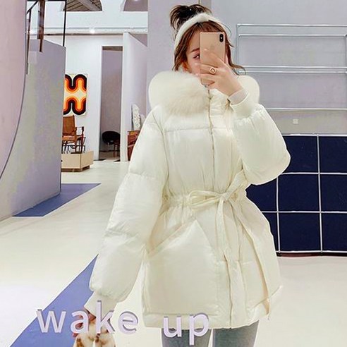 【DF】공식 그림 겨울 후드 대형 모피 칼라 한국어 스타일 두꺼운 Drawstring 허리 슬리밍 중간 길이 면화 코트