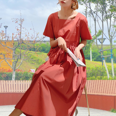 임산부 숏슬리브 리본포인트 코튼 원피스