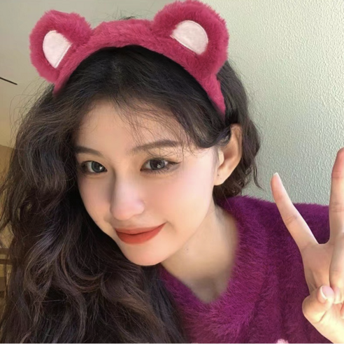 복실 곰돌이 핑크 귀 머리띠 헤어밴드 아삭스퀘어 1+1, 핫핑크