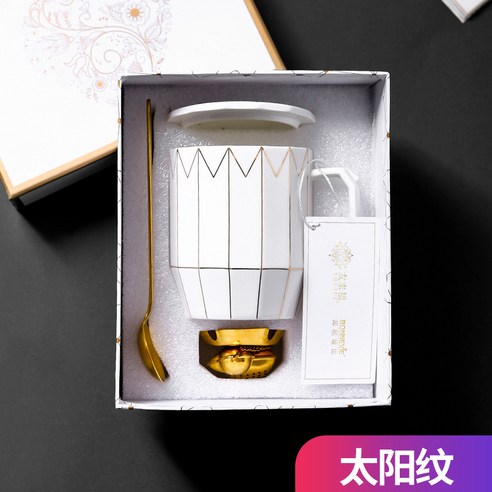 DFMEI.커피잔 세트요.Coffee cup set크리에이티브 세라믹 머그컵 모던 심플 기하학컵 머그컵 커피잔 노르딕 커플컵입니다., 태양 무늬, DFMEI.400ml 선물 상자 + 숟가락 + 차 누출