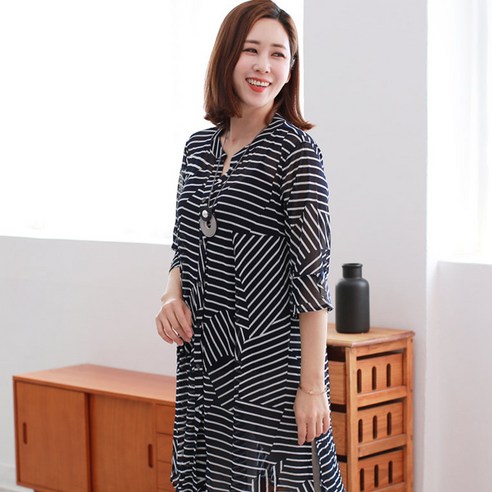 엄마옷 백합사 시스루 차이나 롱셔츠 남방[ST386] 50대 중년여성의류 여성용 스트라이프 망사 마담 미시옷 남방 빅사이즈 소매나팔