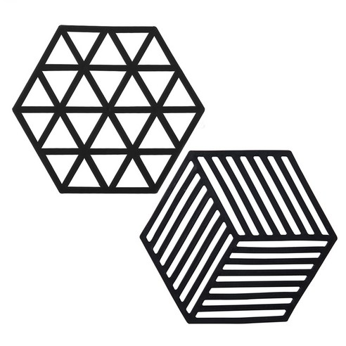 코스모스 육각형 실리콘 냄비받침 2개, 블랙, 1세트
