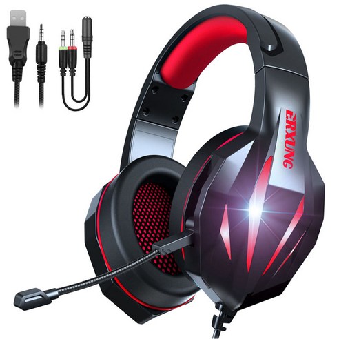 PS5 노트북 태블릿 휴대 전화 용 PS4 용 스테레오 RGB 오버 이어 게임 헤드셋 소음 취소 3.5mm 플러그 4D 베이스, 패키지 크기 7.7x8.7x3.5 인치, ABS 플라스틱, 검정과 빨강