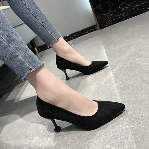 [CCOLATINI] 하이힐 여성 얇은 뒤꿈치 블랙 전문 스웨이드 2021 새로운 가을과 겨울 학생 에티켓 낮은 뒤꿈치 우아한 싱글 신발