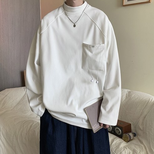 한국어 스타일 티셔츠 남성 긴팔 가을 느슨한 트렌디 홍콩 스타일 기본 스웨터 봄 가을 유행 브랜드 솔리드 컬러 의류