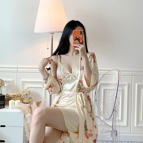 레드글램 로즈 여성 원피스 슬립+가운 세트 실크 고급슬립 섹시란제리 속옷 홈웨어