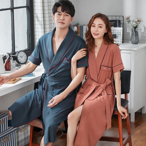 DFMEI 사우나 룸 커플 잠옷 여름 반팔 목욕 가운 여성 면화 중간 길이 남성 드레싱 가운 수, DFMEIGZ1821893, 남성용: 3XL 사이즈