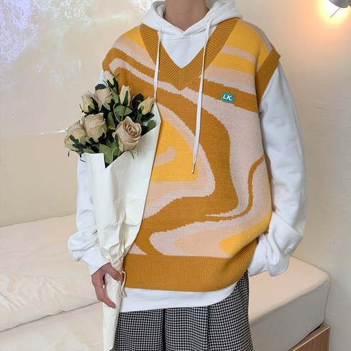 남성용 V 넥 스웨터 가을 캐주얼 패턴 스웨터 조끼 Ins 홍콩 스타일 유행 조끼 루스 코트