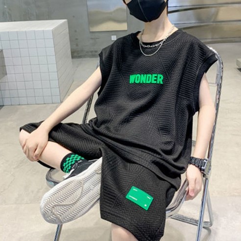 도오빠 엠벨셋업 주니어 남아용 상하복 민소매 반바지 밴딩 레터링 티셔츠 트레이닝복 셋업 여름 키즈 큰아이옷 ~170