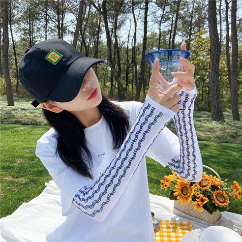 DFMEI 선플라워 캐릭터 아이스 슬리브 한국판 아이스 글러브 팔 보호대 여름 여자 차양 큐티인스소매 덮개, DFMEI 더블 라인(아이스 핫픽스)