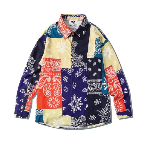 남성 셔츠 대발 폴리 에스닉 디지털 프린트 긴팔 터틀 러플 루즈핏 커플 셔츠