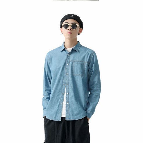 ANKRIC 한국 캐주얼 단색 남성 긴팔 셔츠 코튼 데님 셔츠 셔츠