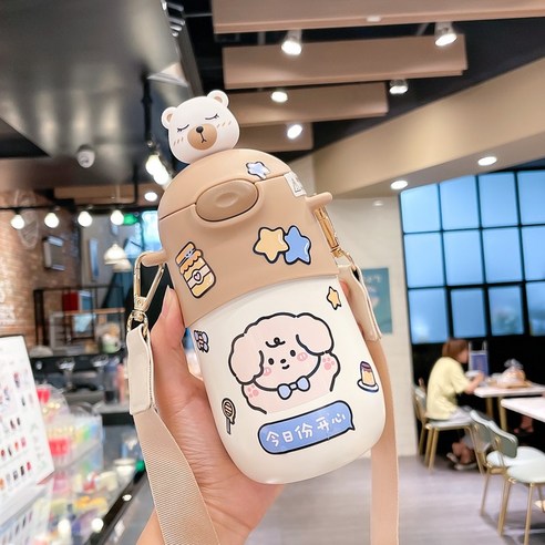 [LM] 500ml 곰 스티커 보온병 스테인레스 스틸 절연 뜨거운 음료 컵 밀짚 선물, Coffee A