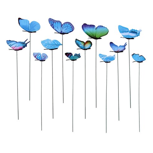 12x 화분 플라잉 나비 말뚝 날개 진동 마당 정원 장식, 블루, 설명, 플라스틱