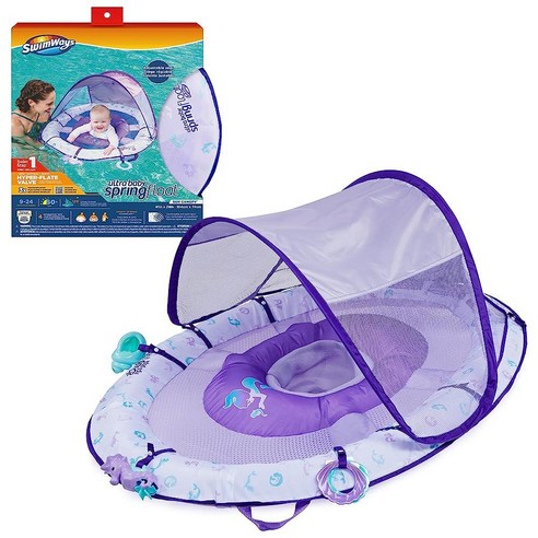 스윔웨이즈 Swimways Ultra Baby 스프링 튜브 햇빛 캐노피가 있는 프리미엄 공기 주입식 아기 수영장 빠른 팽창 및 휴대용 가방 9-24개월 아동용 인어 장난감 12, 머메이드