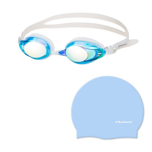 피닉스 미러수경 PN-702M + 실리콘 수모 솔리드형 SET, PN-702M_아쿠아 + 솔리드형_라이트블루, 1개