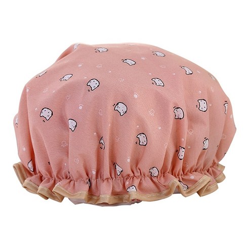 Deoxygene 샤워 캡 모자 더블 레이어 가정용 욕실 액세서리 탄성 재사용 가능한 성인 귀여운 고양이 인쇄 만화 핑크, 1개, 분홍