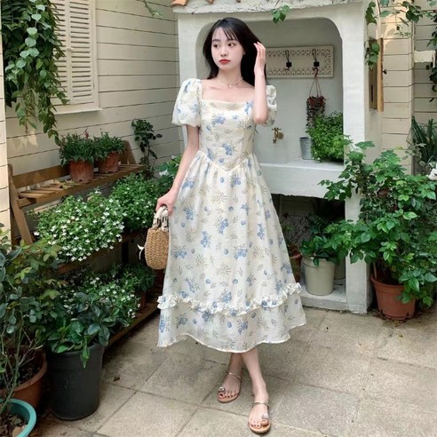 ANYOU 여름원피스 롱원피스 스퀘어 넥 허리 플라워 원피스