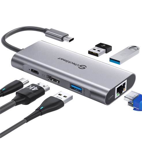 UtechSmart 6 in 1 USB C 허브 이더넷 멀티포트 HDMI 4K USB 3.0 (그레이), 회색, 1개