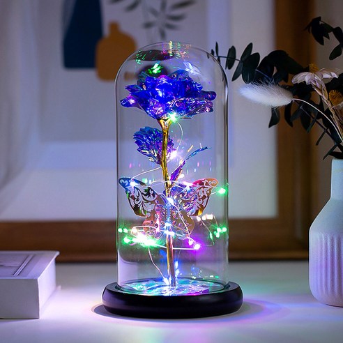 신비즈 LED 나비 앉은 반짝이는 장미 유리돔, 퍼플