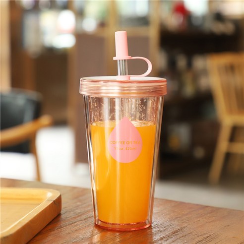 다국적 직급 이중 플라스틱 빨대 컵 현물 대용량 음료 커피 컵 물컵 실리콘 모자 핸드컵, 핑크/핑크, 520ML