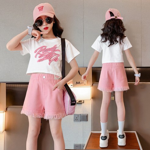 조이걸스 2024년 summer time 여아 여름 ReadysetGO 크롭 흰티 혼방 라운드티 디스트로이드 핑크 블랙 데님 denim 반바지 초중생 초등생 중등생 단체복