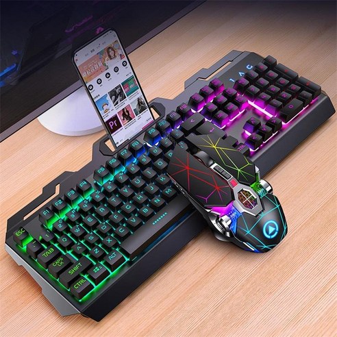 USB 유선 백라이트 게임 키보드 및 휴대폰 스탠드 금속 키보드, black, keyboard+mouse
