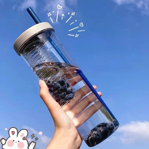 Onllyer 700ML 접이식 밀짚컵 투명 대용량 물병 휴대용 주스컵 레몬필터 귀여운 음주병, Blue straw